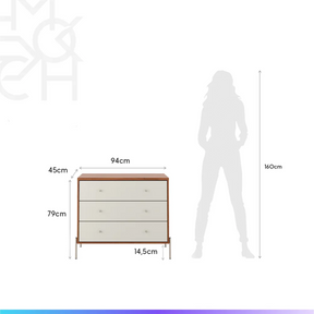 Conjunto 2 Mesas de Cabeceira e Cômoda 3 Gavetas Jasper - Off White Fosco c/ Canella - Champanhe