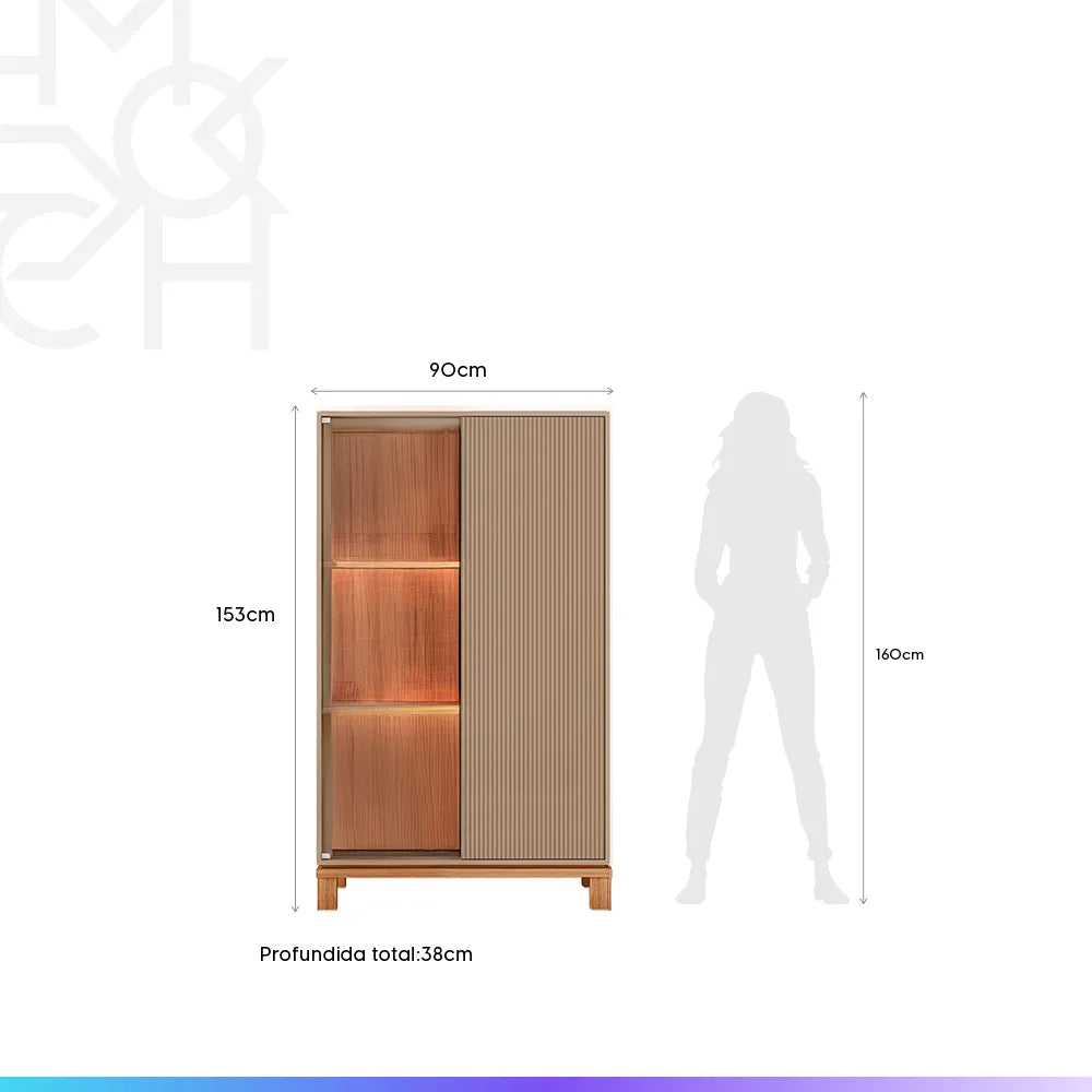 Cristaleira 2 Portas com Vidro e LED Capri 90 cm - Fendi c/ Natural