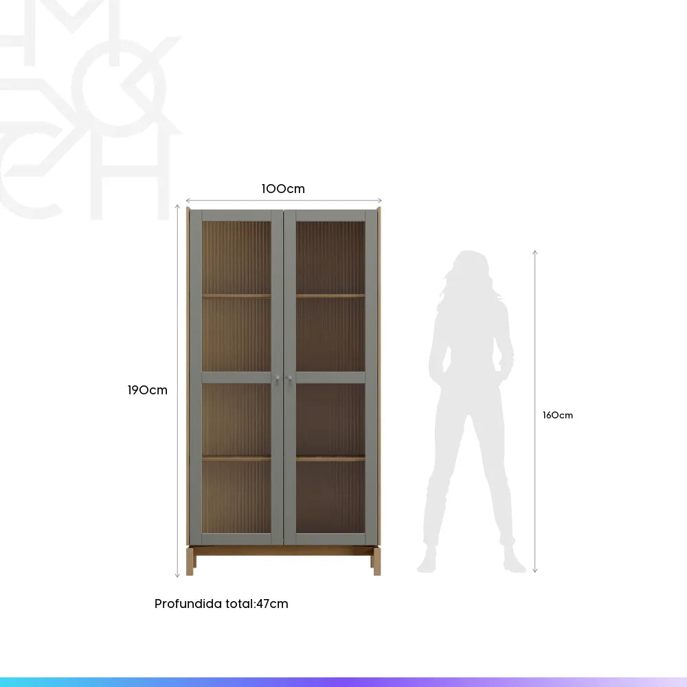 Cristaleira Madeira Maciça 2 Portas com Vidro Canelado Amsterdã 100 cm - Natural c/ Verde