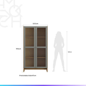 Cristaleira Madeira Maciça 2 Portas com Vidro Canelado Amsterdã 100 cm - Natural c/ Verde