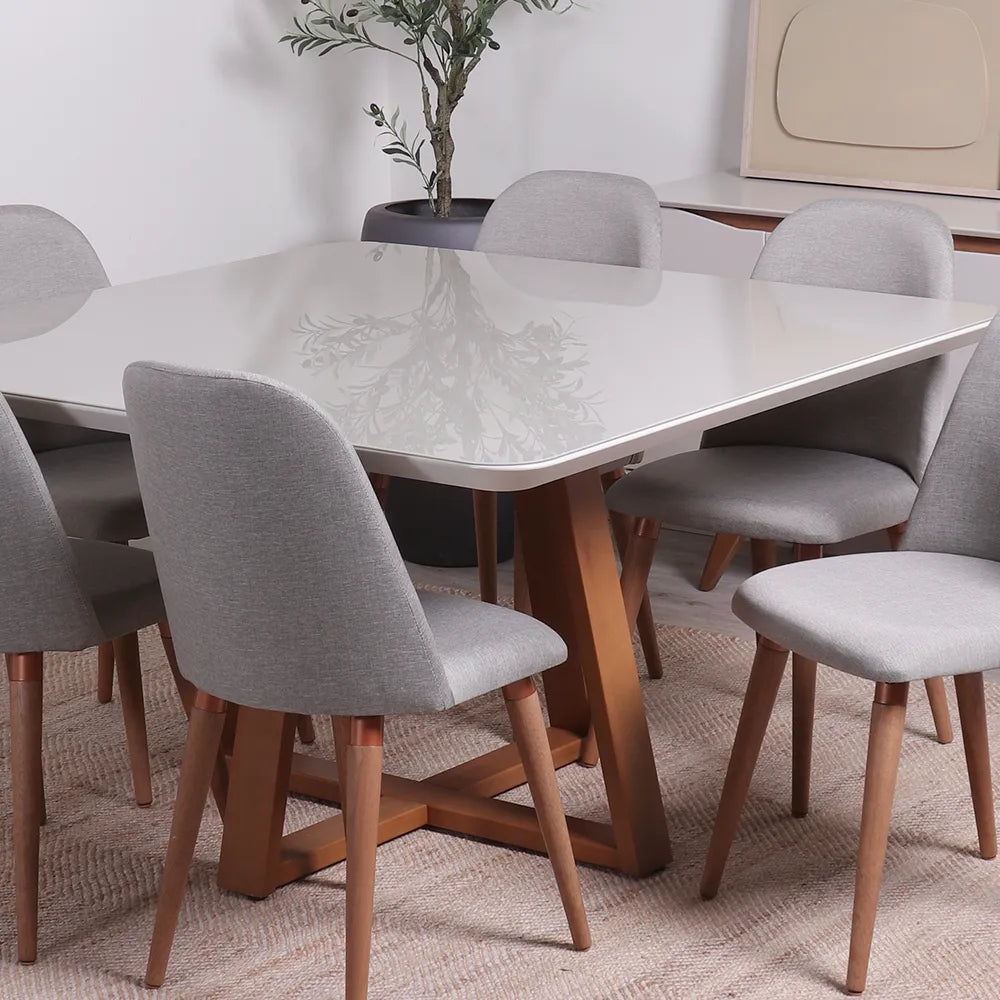 Mesa de Jantar Quadrada c/ Vidro para 6 Lugares Bennett 135 cm - Natural c/ Off White Fosco