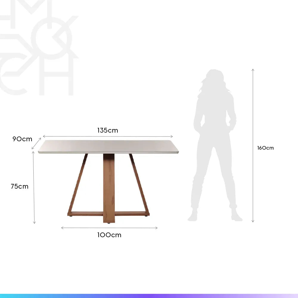 Mesa de Jantar Retangular c/ Vidro para 4 Lugares Avena 135 cm - Canella c/ Off White Fosco