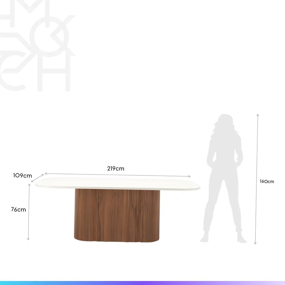 Mesa de Jantar Retangular c/ Vidro para 8 Lugares Kalina 219 cm - Off White Fosco c/ Canella