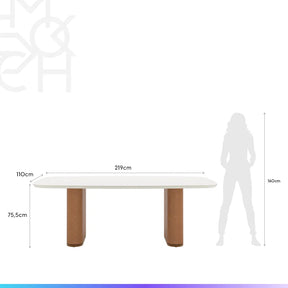 Mesa de Jantar Retangular c/ Vidro para 8 Lugares Lintz 219 cm - Off White Fosco c/ Canella - PU Caramelo