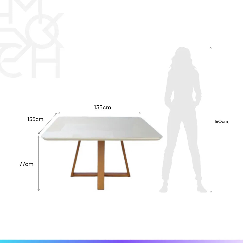 Mesa de Jantar Quadrada c/ Vidro para 6 Lugares Bennett 135 cm - Natural c/ Off White Fosco