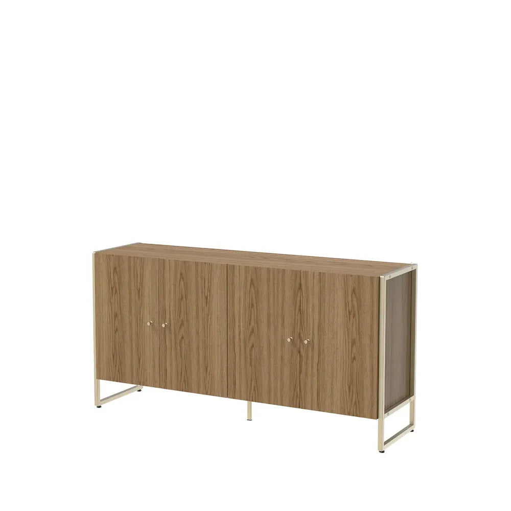 Balcão Buffet 4 Portas Aço com MDF Voss 146 cm - Freijó c/ Champanhe