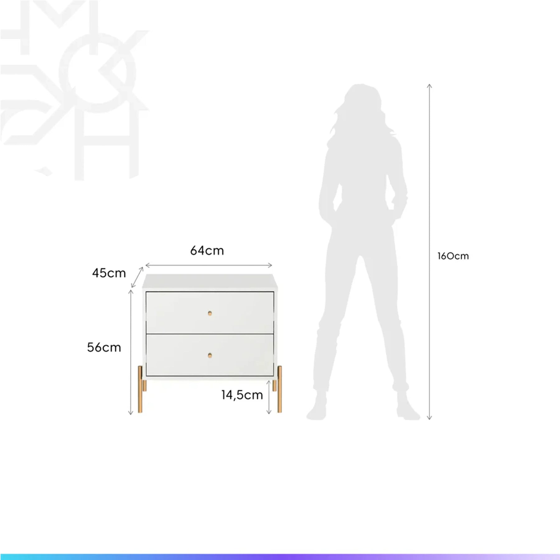 Conjunto 2 Mesas de Cabeceira e Cômoda 3 Gavetas Jasper - Branco c/ Dourado