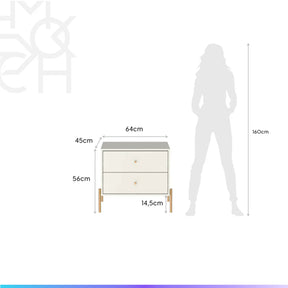 Conjunto 2 Mesas de Cabeceira e Cômoda 3 Gavetas Jasper - Off White Fosco c/ Dourado