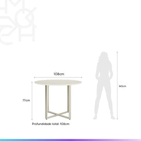 Mesa de Jantar Redonda com Vidro para 4 Lugares Arcádia 108 cm - Champanhe c/ Off White Fosco