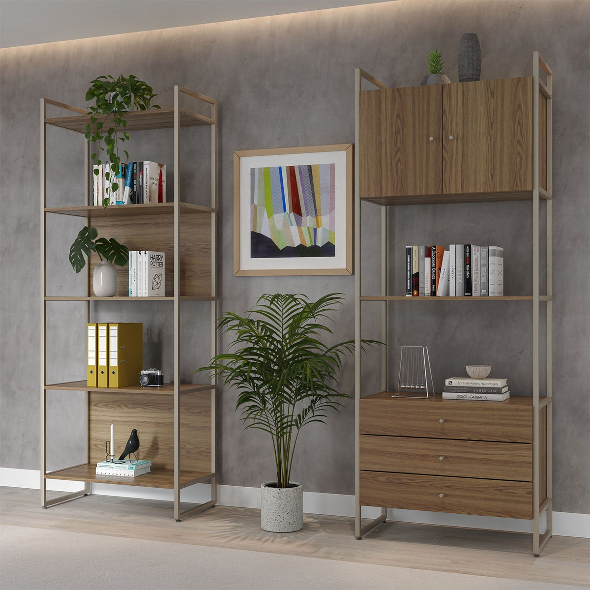 Estante com 5 Prateleiras MDF com Aço Voss 75 cm - Freijó c/ Champanhe