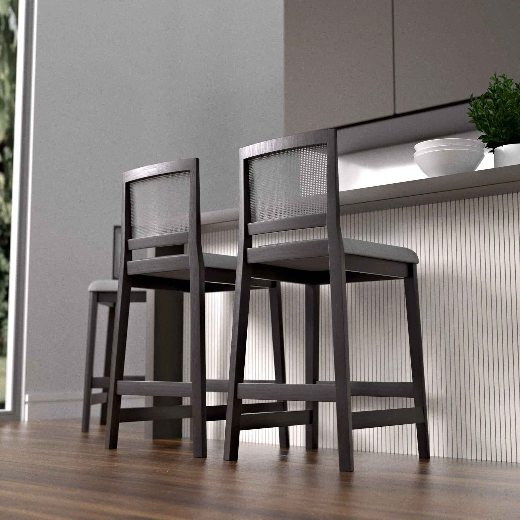 Banqueta Marla - Linho Cinza Mescla c/ Madeira Preta