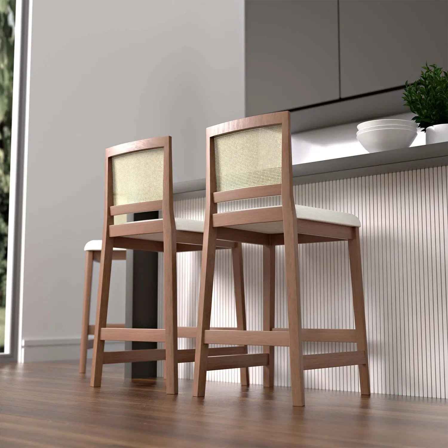 Banqueta Marla - Linho Off White c/ Madeira Natural