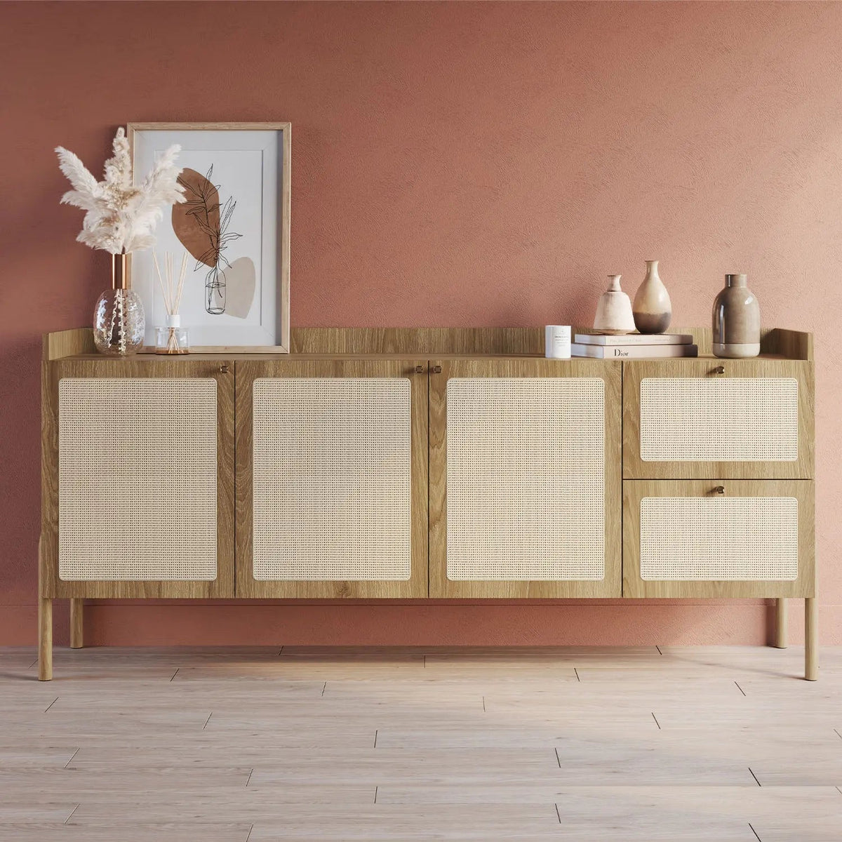 Buffet 3 Portas 2 Gavetas Ander 183 cm - Mel c/ Palhinha - Dourado