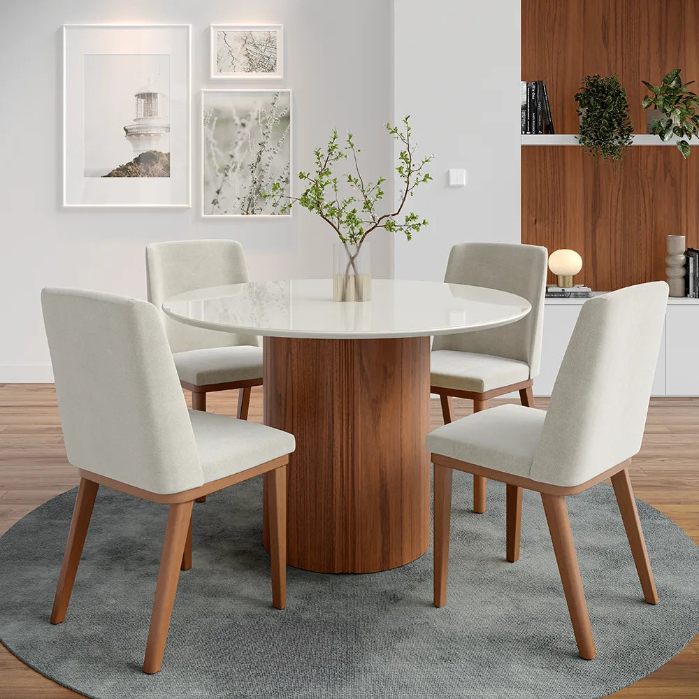 Conjunto de Jantar Mesa Redonda com Vidro 4 Cadeiras Kalina - Canella c/ Palha