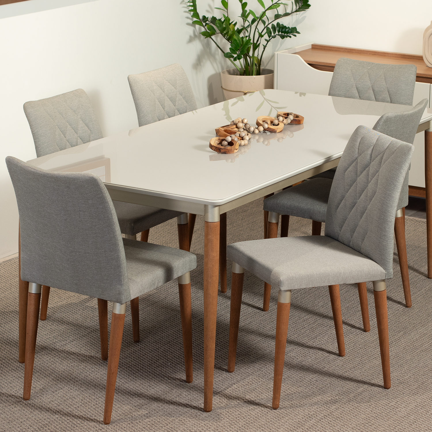 Mesa de Jantar com Vidro Luma 184 cm - Natural c/ Off White Fosco - Champanhe