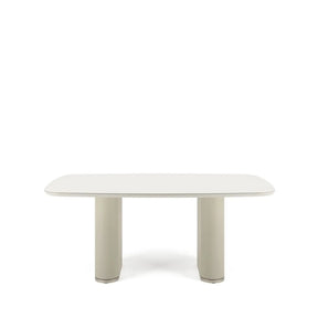 Mesa de Jantar Retangular c/ Vidro para 6 Lugares Lintz 184 cm - Off White Fosco c/ PU Bege - Champanhe