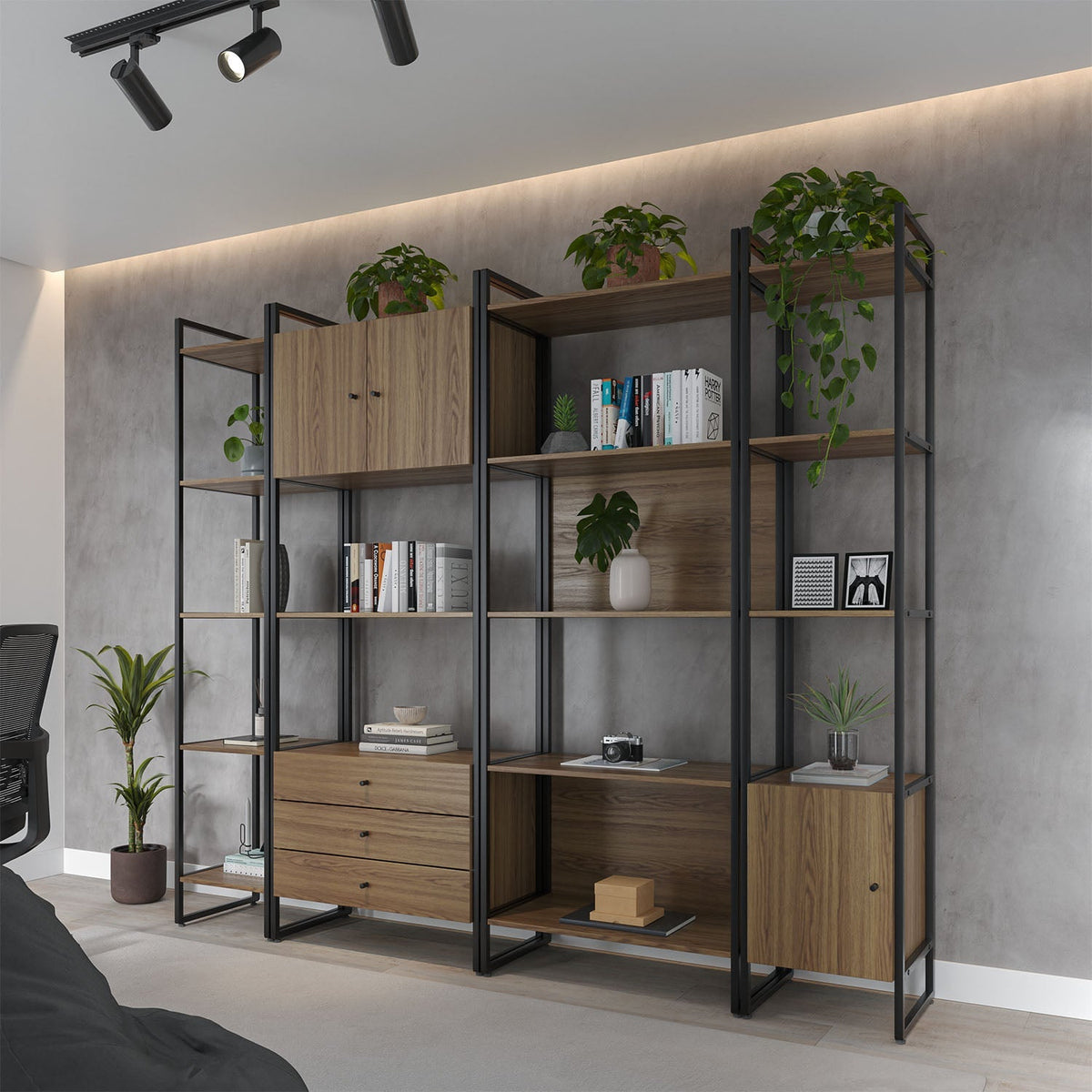 Estante com 5 Prateleiras MDF com Aço Voss 40 cm - Freijó c/ Preto Fosco