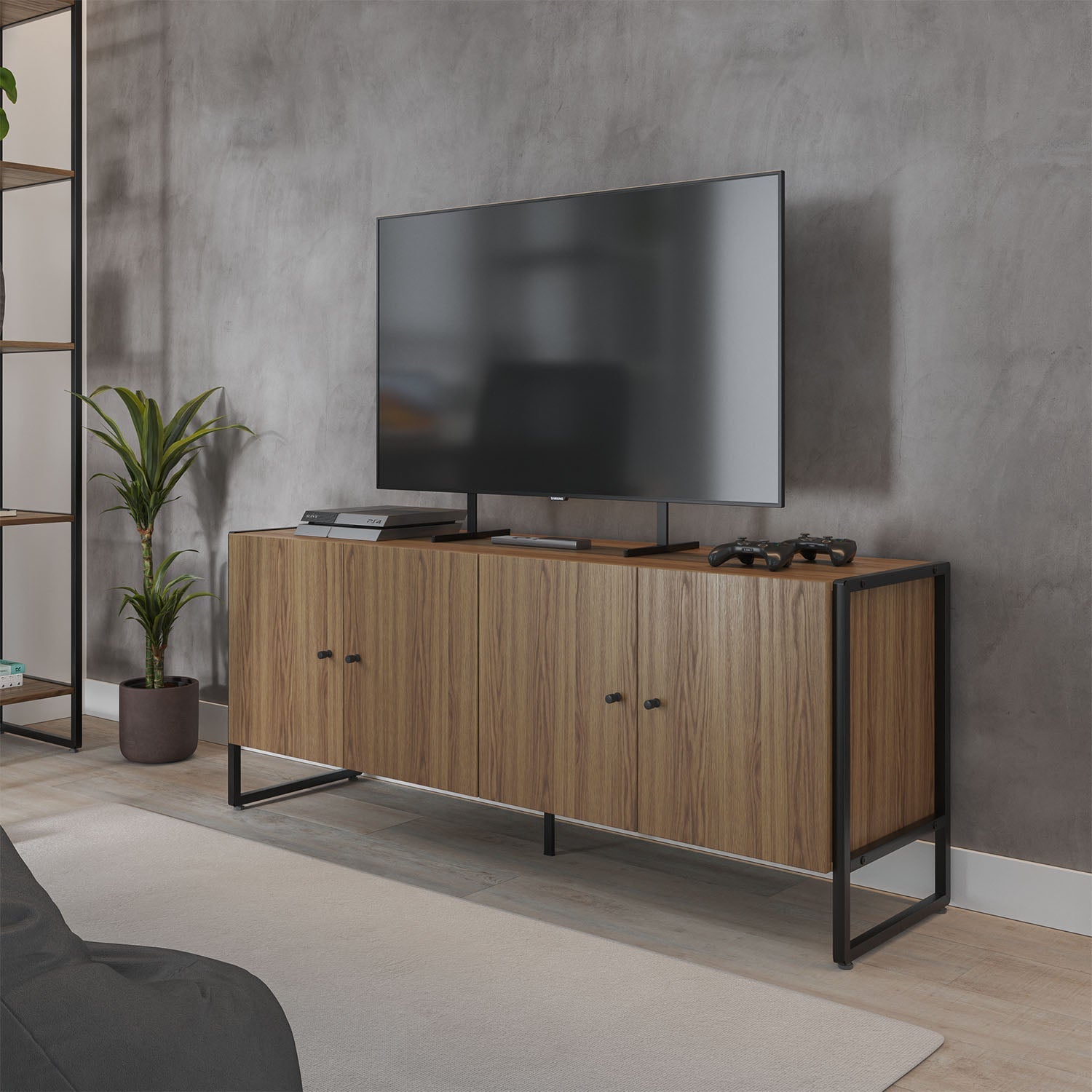 Rack para TV Até 50" 4 Portas Aço com MDF Voss 146 cm - Freijó c/ Preto Fosco